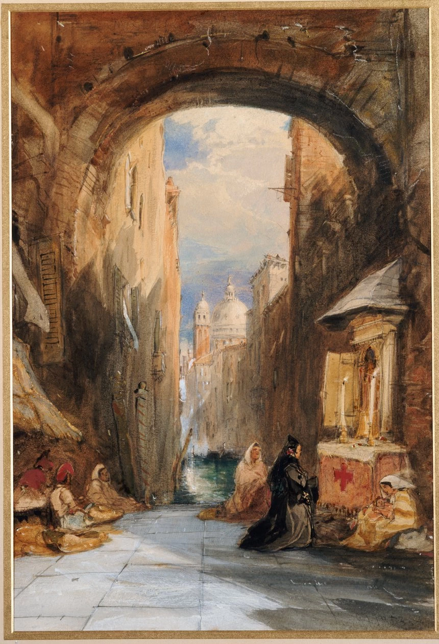 Un'edicola sotto un arco, con Santa Maria della Salute in lontananza, Venezia